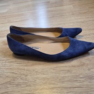 Manolo Blahnik Blue Suede Pointed-Toe Flats